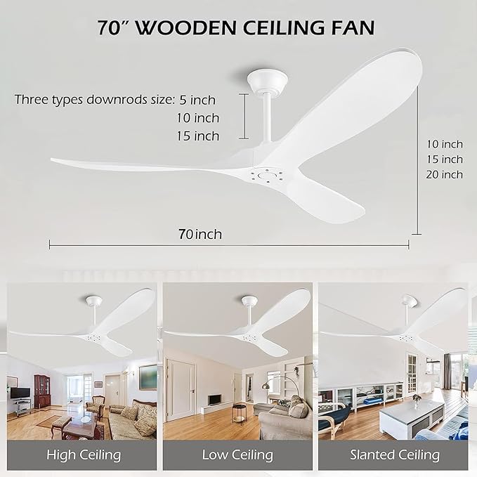 72 Inch White Ceiling Fan No Light ，Wood Outdoor Ceiling Fans for Patios Living Room Garage Kitchen Mid Century Modern Exterior Extra Large Ceiling Fan Without Light with Downrod