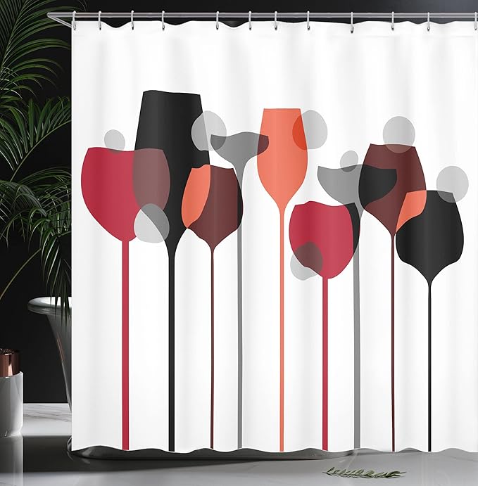 Ambesonne Wine Shower Curtain, Abstract Drink Glasses Silhouettes Dots Alcohol Theme Modern, Cloth Fabric Bathroom Decor Set with Hooks, 69" W x 70" L, Red Grey Black