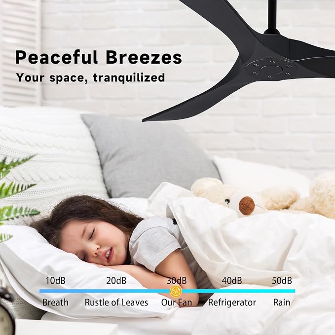 Bigzone 60 Inch solid Wood Ceiling Fan without Light Flush Mount with Remote Control 3 Blades Modern Ceiling Fan No Light for Loving Room/Dining Room/Farmhouse/Indoor, Matte Black