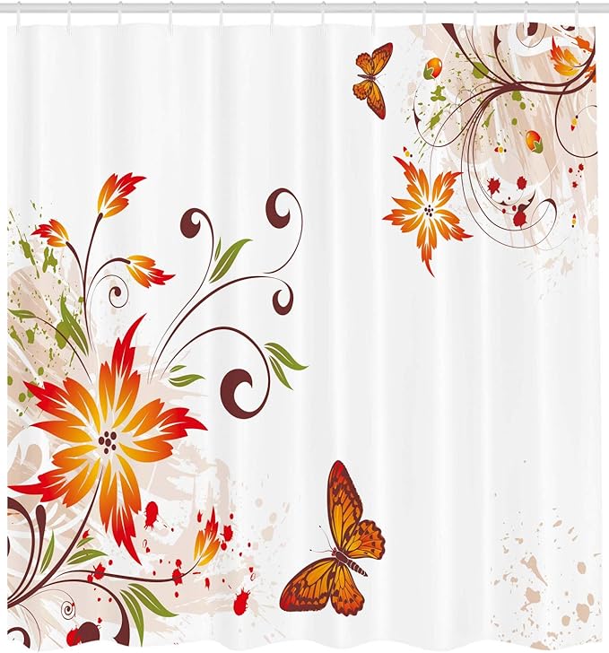 Ambesonne Floral Shower Curtain, Spring Themed Swirled Flowers Leaves and Butterfly Nature Foliage Garden Motif, Cloth Fabric Bathroom Decor Set with Hooks, 69" W x 75" L, Orange Brown
