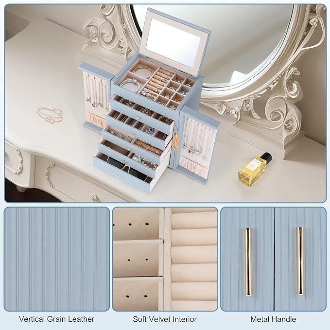 Dajasan Large Jewelry Organizer Box, 6-Tier Jewelry Storage Case with 5 Drawers, Jewelry Boxes for Women Girls with Mirror, Double Door, Textured PU Leather, Gift Idea, Stylish (Blue + Gold)