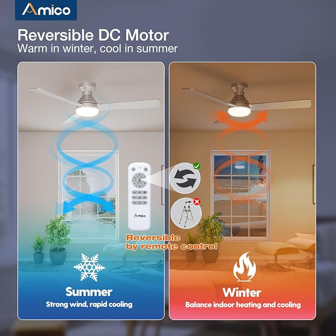 Amico Ceiling Fans with Lights, 52 inch Low Profile Ceiling fan with Light and Remote Control, Flush Mount, Reversible, 3CCT, Dimmable, Noiseless, Nickel Ceiling Fan for Bedroom, Indoor/Outdoor Use