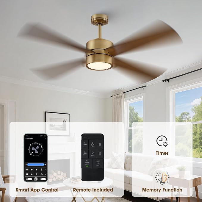 52 Inch Gold Ceiling Fan with Lights and Remote, Modern Ceiling Fan with APP Control, Reversible DC Motor, Dimmable, White & Walnut Blades for Bedroom, Living Room, Dining Room