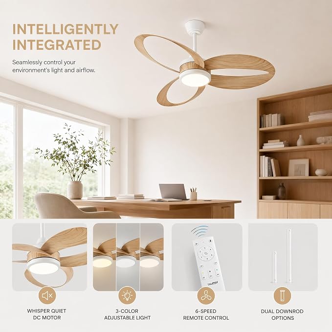 42 Inch Ceiling Fan with Light | Modern Low Profile Flush Mount | Quiet DC Motor, 6-Speed Reversible, 3CCT Dimmable LED, Remote Control – Ideal for Bedroom, Living Room, Kitchen