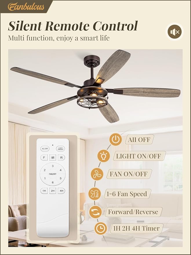Fanbulous Farmhouse Ceiling Fan with Light and Remote, Industrial Caged Flush Mount Ceiling Fans with 6 Speed Reversible Motor and Dual Finish 5 Blades, for Living room, Bedroom (Oil Bronze, 60 Inch)