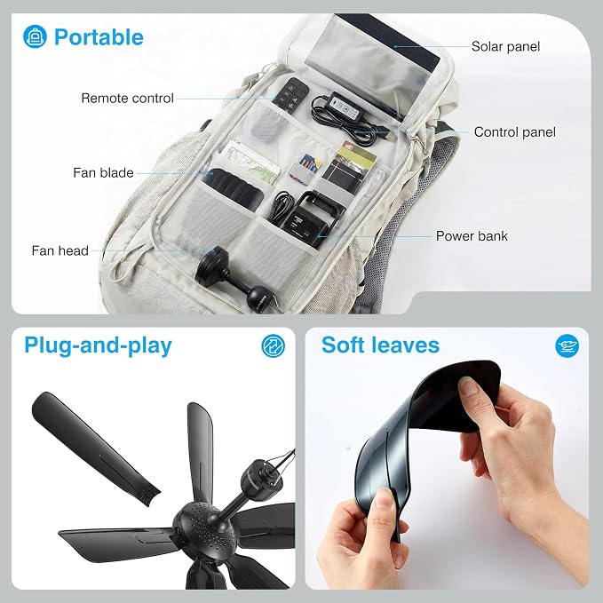 Portable Ceiling Fan, USB Plug-In, 5V DC Powered, 6 Blades, Indoor/Outdoor RV Camping Tent Canopy, Hanging, Quiet Operation (with power bank and solar panel)