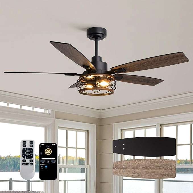 52 Inch Farmhouse Ceiling Fan with Lights and Remote, Dual Finish 5 Blades, 6-Speed Adjustable, Quiet & Reversible DC Motor, Rustic Caged Ceiling Fan for Bedroom Living Room Outdoor Covered Patio