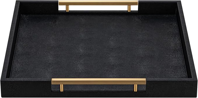 Black Faux Leather Decorative Serving Tray with Handles – Large Square for Coffee Table, Ottoman, Living Room & Bathroom Home Decor