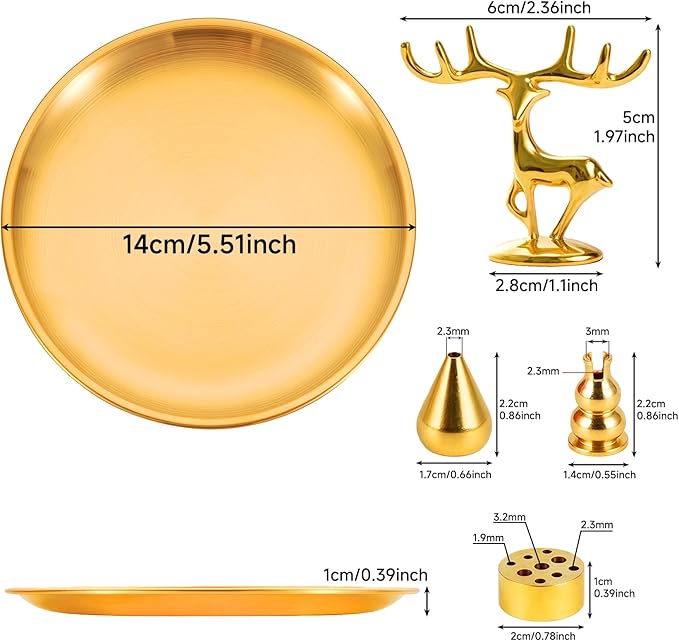 5 in 1 Incense Burner - 5.5 Inch Brass Incense Holder for Sticks, Coils and Cones with Ash Catcher - for Meditation, Yoga, Zen Room, Home Decor (Deer+Nine Holes+Gourd+Water Drop+Disc)