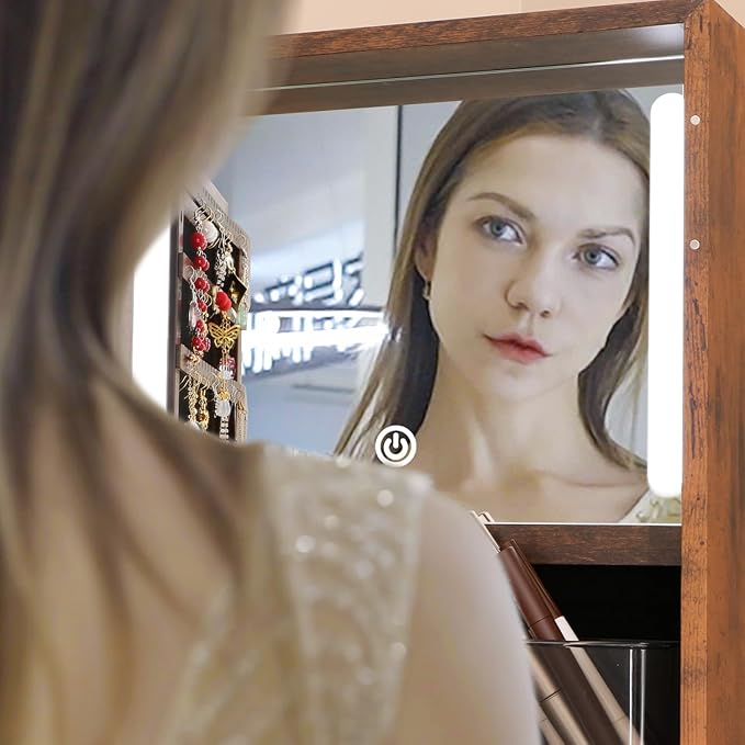 Rotating Jewelry Cabinet with Vanity Mirror,Full Length Mirror with Storage Jewelry Armoire Lockable Jewelry Organizer Standing Mirror with Drawers Wheels Christmas Gift for Girl Rustic Brown