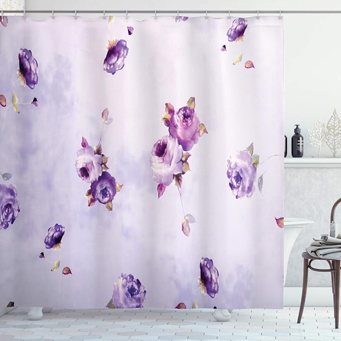 Ambesonne Rose Shower Curtain, Floral Pattern with Mauve Roses in Purple Color Dreamy Clouds Retro Soft Pale Art, Cloth Fabric Bathroom Decor Set with Hooks, 69" W x 75" L, Violet Lilac