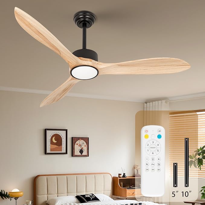 Wood Ceiling Fan with Lights,52Inch Ceiling Fans with Remote Control,Dimmable Light,3 CCT,6 Speeds,Noiseless DC Motor,2 downrod,Ceiling Fan for Bedroom,Living Room,Indoor