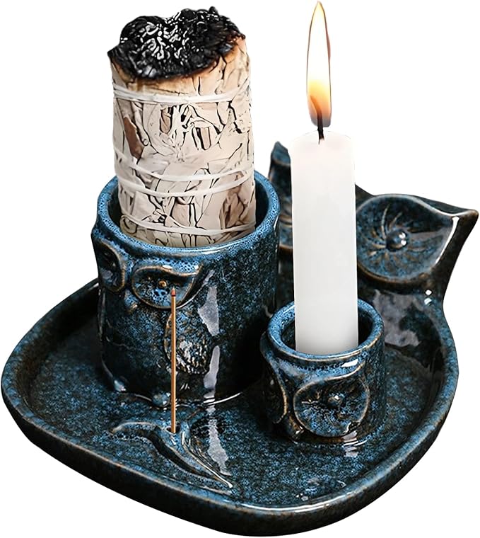Comeon Palo Santo Holder, 4 in 1 Ceramic Owl Backflow Incense Burner Holder Candle Holder Sage Holder for Burning Bow(Blue)