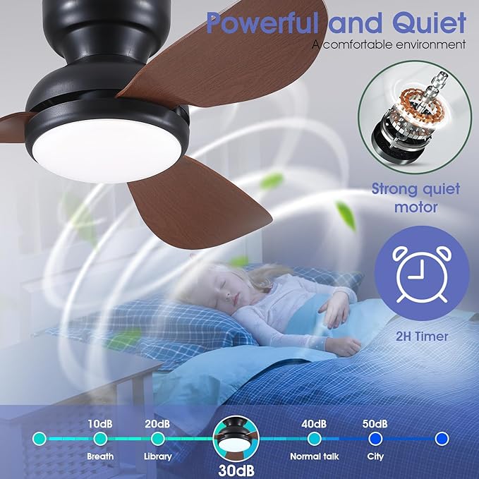 Kviflon 36 Inch Ceiling Fans with Lights, Small Flush Mount Ceiling Fan, Remote/APP Control, 3 Reversible Curved Blades, 6 Speeds, 3 CCT Dimmable Lights for Bedroom Kids Room, Brown