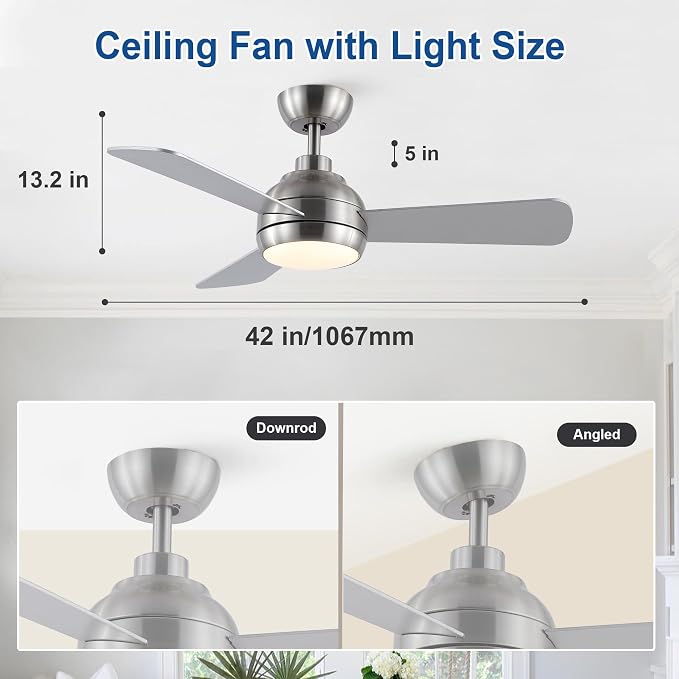 42 Inch Downrod Ceiling Fan with Light, 3 Wood Blades | Remote Control,Reversible Quiet DC Motor,Wood Blades,6 Speed,3CCT Dimmable for Bedroom,Living Room