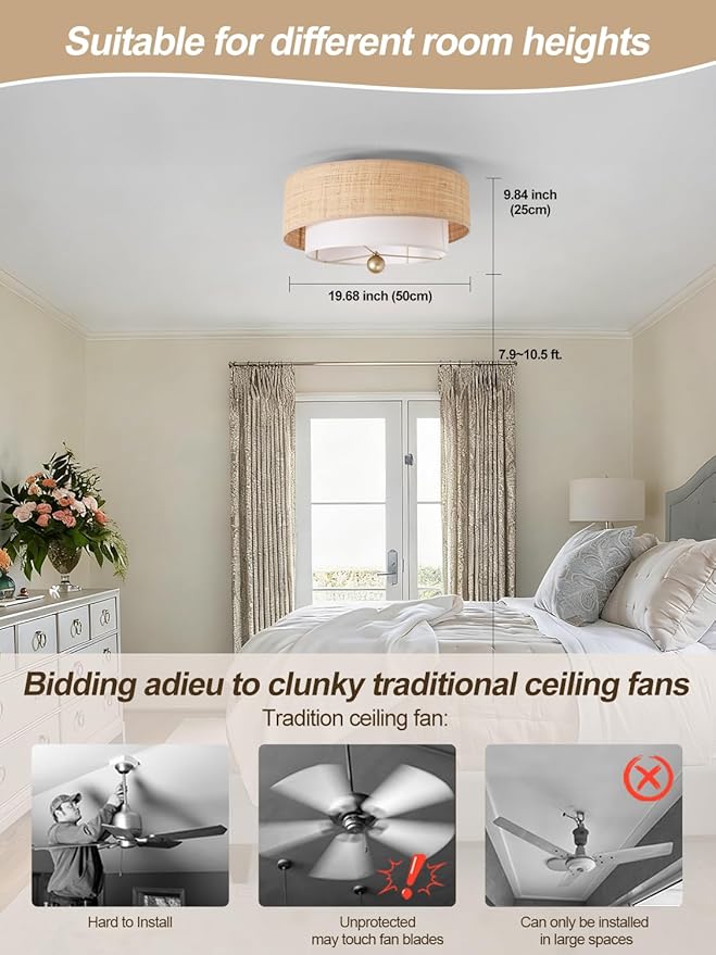 Flush Mount Ceiling Fan with Lights, 20" Caged Boho Ceiling Fan with Light Remote Control, Low Profile Bladeless with 6 Speeds, Drum Rattan Fabric for Bedroom, Nursery, Dining Room, Living Room