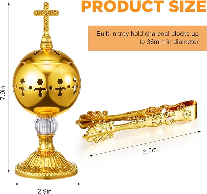 Zonon 1 Set Incense Burner with Tong, Frankincense Charcoal Incense Stand Holder, Ideal for Yoga, Spa, Aromatherapy, Home and Christian Church Censer (Gold,Retro)