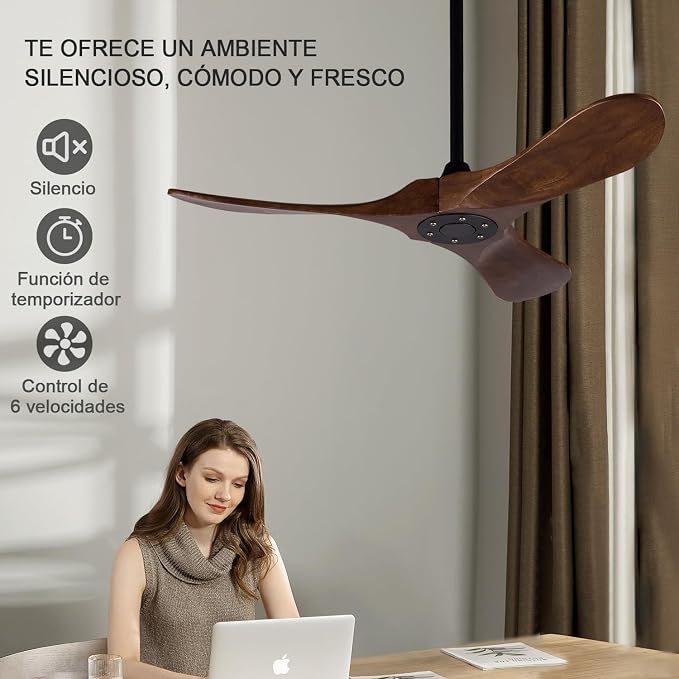 Ceiling Fan without Light, 42 Inch Wood Ceiling Fan no Light with Remote,Outdoor Ceiling Fans for Bedroom,Patio, Porch, 6 Speed,Quiet DC Motor(Deep Walnut Blades)