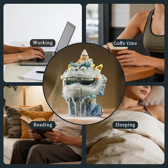 Backflow Incense Burner - Resin Tabletop Incense Holder for Cones, Fortune Dragon Statue Home Decor, Desktop Aromatherapy Ornament with Smoke Waterfall Effect for Living Room