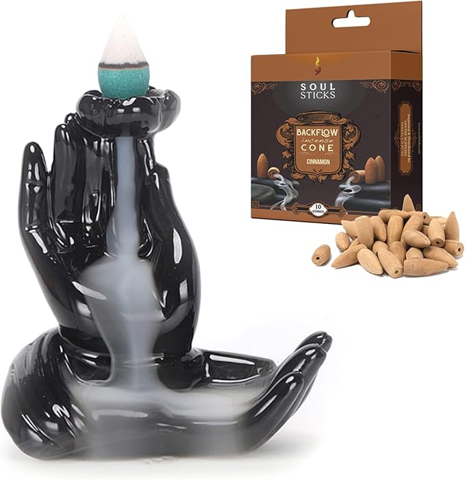 SOUL STICKS Backflow Incense Holder Burner Waterfall Fountain for Home, Office, Yoga, Room Decor & Aromatherapy with 1 Pack of 10 Backflow Fragrance Cones Included (Meditation Hands)
