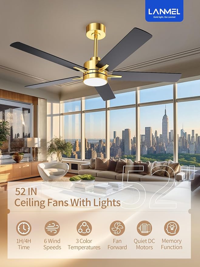 LANMEL 52'' Black and Gold Ceiling Fans with Lights and Remote, 6 Speed Low Profile Modern Ceiling Fan with Quiet DC Motor for Indoor Outdoor Bedroom Living Room