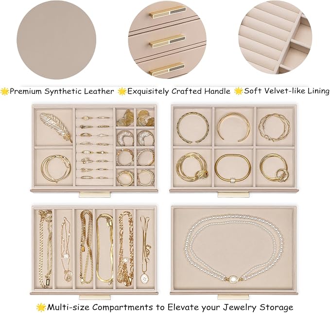 VLANDO 4-Drawer Jewelry Box with Glass Lid, Faux Leather Organizer for Rings Earrings Necklaces and More, Gift-Ready Jewelry Case for Women Girls or Moms, Latte