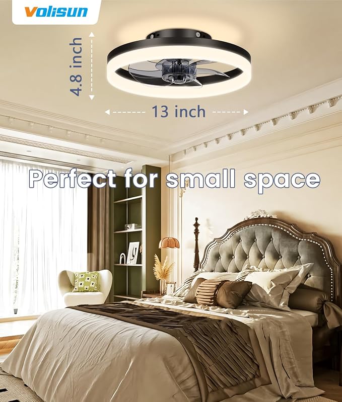 VOLISUN 13 inch Small Ceiling Fans with Lights and Remote, Low Profile Ceiling Fans with Light, 3000K-6500K Dimmable LED Ceiling Light Flush Mount, Bladeless Fandelier Ceiling Fan (Black)