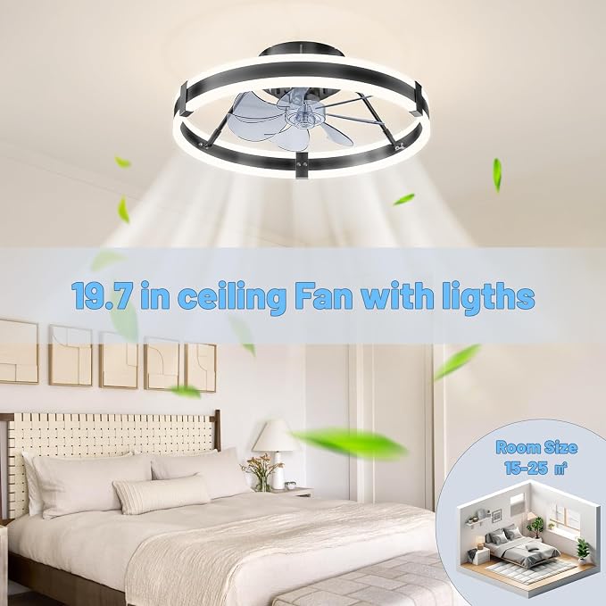 19.7" Low Profile Bladeless Ceiling Fan withLights & Remote -Flush Mount Fandelier LightFan for Bedroom/Kitchen, 3000-6000KDimmable LED, 6-Speed Modern Fan withLights for Home/Office