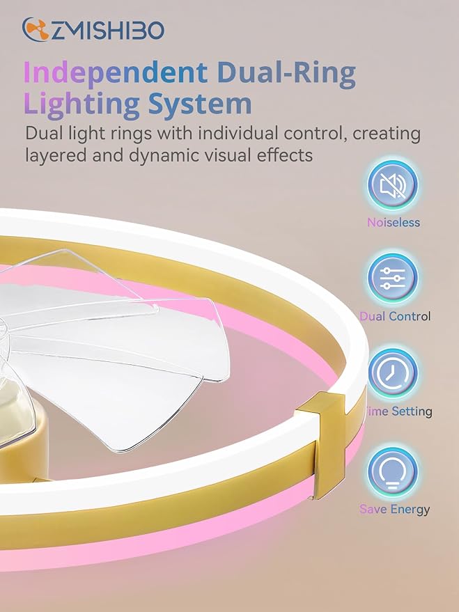 ZMISHIBO RGB Ceiling Fans with Lights and Remote, 23 inch Low Profile Ceiling Fan with Light, 3000K-6000K Dimmable & RGB, Modern Fandelier Flush Mount Ceiling Fan, Small LED Fan for Bedroom,Gold