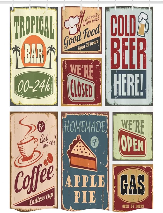 Ambesonne 1950s Stall Shower Curtain, Vintage Style Signs Advertising Beverage Coffee Drink Aged Glass Tropical Nostalgia, Fabric Bathroom Decor Set with Hooks, 54" W x 78" L, Burgundy Ivory