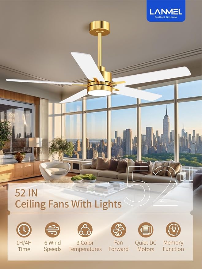 LANMEL 52'' Ceiling Fan with Lights and Remote, Low Profile Modern Ceiling Fan Gold, 6 Speed, Reversible, 3000k-6000k LED, Quiet DC Motor Ceiling Fans for Indoor Outdoor Bedroom Living Room