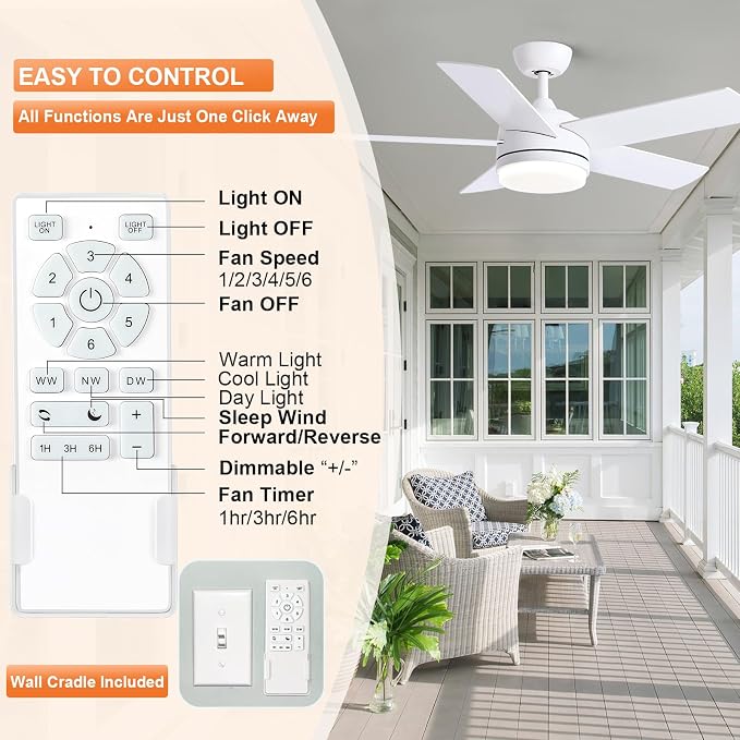 YUHAO 44 Inch White Ceiling Fan with Light and Remote Control.Noiseless,Dimmable,3CCT,6 Speeds Reversible, DC Ceiling Fans for Indoor or Covered Outdoor Use.ETL Listed
