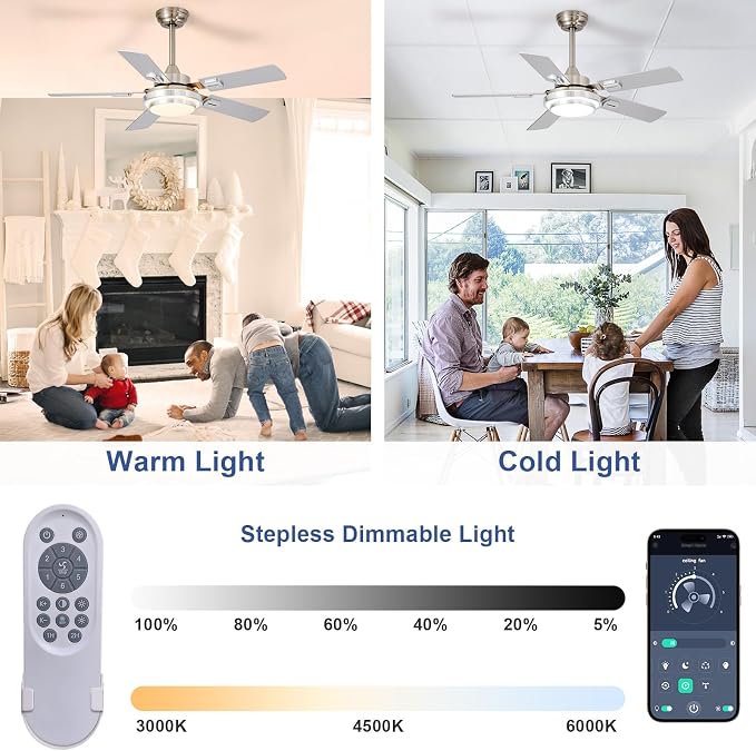 Depuley 42-Inch Ceiling Fan with Light: Brushed Nickel Ceiling Fans with 5 Blades Dual Finish Reversible - Farmhouse Ceiling Fan with Remote Control Noiseless for Living Room Outdoor Patios