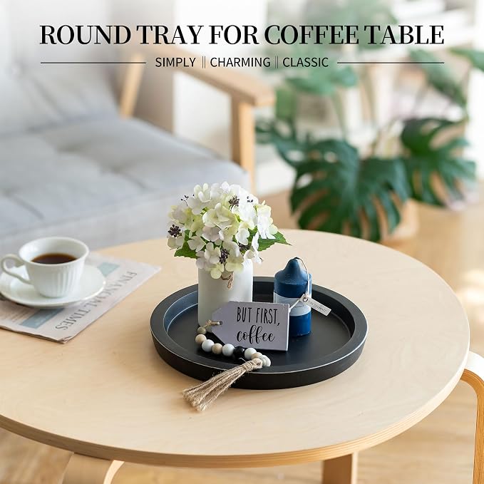 Hanobe Round Wood Candle Holder Tray, Black Coffee Table Centerpiece Decor | Rustic Decorative Candlestick Plates for Kitchen Counter, Farmhouse Living Room Decor