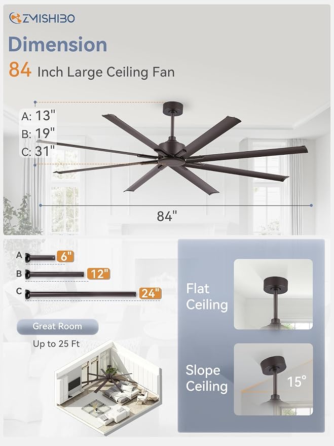 ZMISHIBO 84 Inch Industrial DC Motor Ceiling Fan, Large Ceiling Fan with 8 Reversible Blades, 3 Downrods, 6-Speed Remote Control, Home or Commercial Ceiling Fans for Porch/Garage/Shop, Oil-bronze