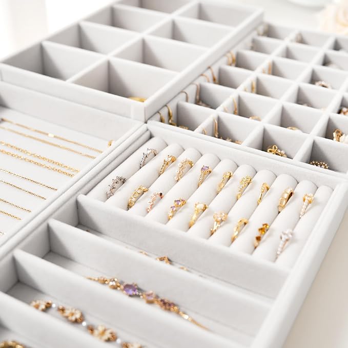 Velvet Jewelry Drawer Organizer Trays – White Stackable Jewelry Storage Inserts Set, 4-Layer Jewelry Tray Set for Earrings, Rings, Necklaces, Bracelets with Removable Dividers for Dresser & Vanity