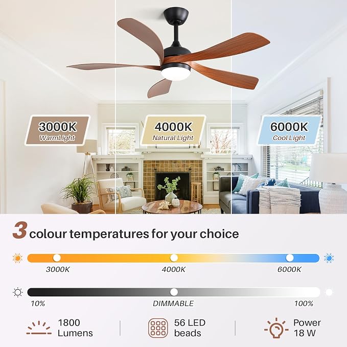 CACI Mall 52 Inch Ceiling Fans with Lights and Remote, modern, Outdoor ceiling fan with 6-Speed, 5 Blades, 2 Downrods, 3 CCT, Timer, Quiet Reversible DC Motor for Living Room, Bedroom, Patios