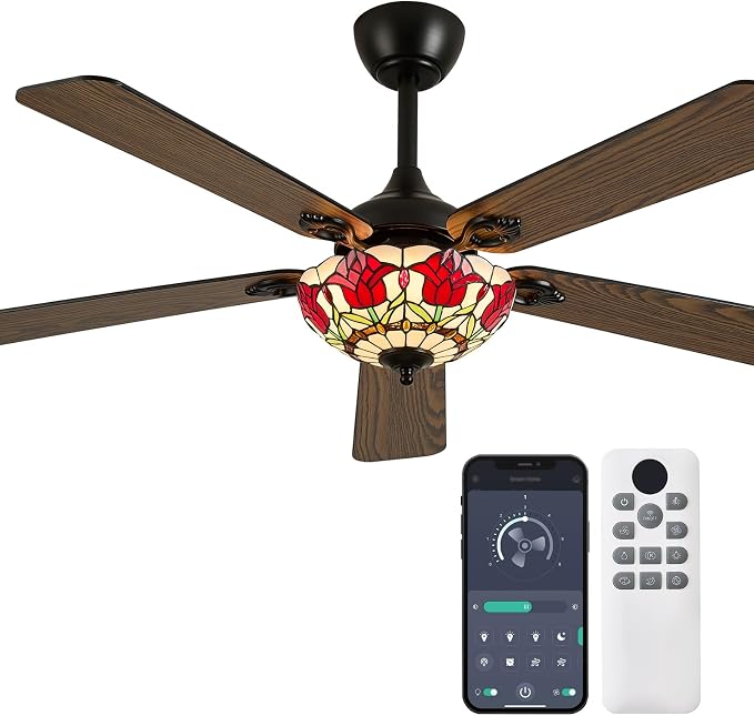 52" Tiffany Style Ceiling Fans with Lights, Vintage Chandelier Ceiling Fan with Stained Glass Shade, Dimmable LED, 6 Speeds Reversible for Bedroom (Red Rose)