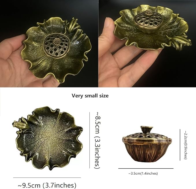 Vintage Bronze Color Mini Lotus & Frog Incense Burner, Cones and Small Coils Holder, Crystal Healing Chakras Energy Meditation Incense Set Aesthetic Home Decor Aromatherapy Ornament