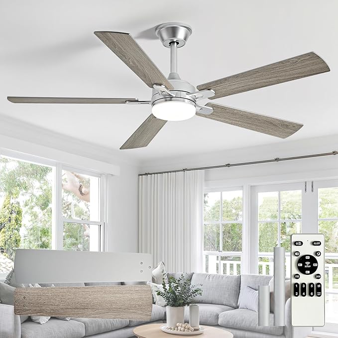Depuley 52-inch Ceiling Fan with Light: Nickel Ceiling Fan for Living Room Indoor Outdoor - Modern Ceiling Fan with Remote Control 3CCT Dimmable Noiseless 5 Reversible Silver Blades 6 Speeds Timer