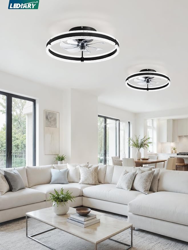 LEDIARY 20" Ceiling Fans with Lights and Remote, Black Low Profile Ceiling Fan with Light, 3000-6000K Dimmable Fandelier Ceiling Fans, Modern Flush Mount Fan Light for Bedroom-2 Pack