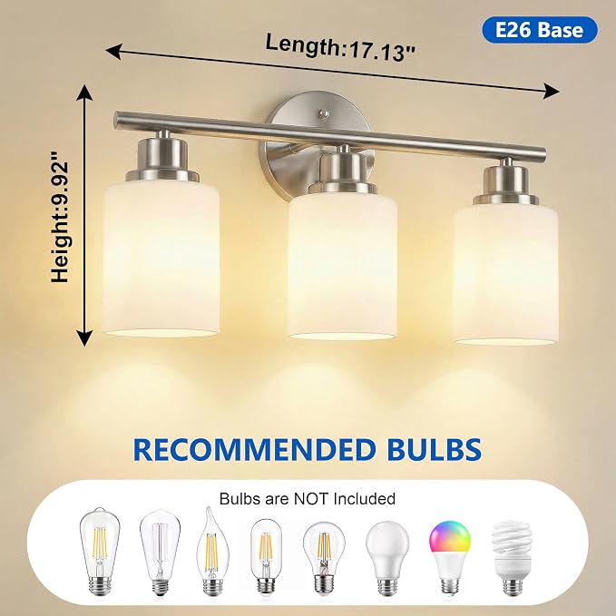 Unicozin 3 Light Bathroom Light Fixtures, Modern Vanity Lights with Milky Glass Shade, Brushed Nickel Wall Lamp Over Mirror for Bathroom, Living Room, Cabinet, Bedroom, E26 Base