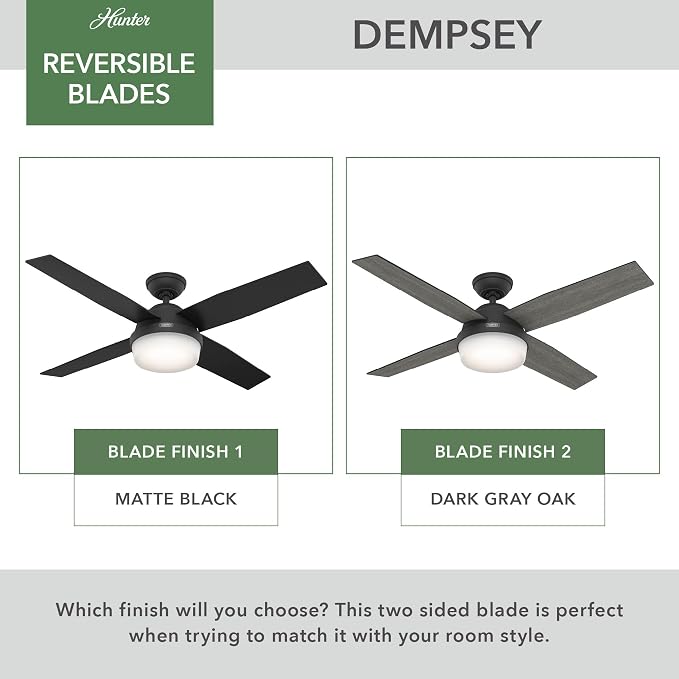 Hunter Dempsey, Indoor, Ceiling Fan, Modern, 4 Blades, 52 inch, Matte Black | with LED Light and Remote Control, Standard Mount, For Bedroom, Living Room, Kitchen, 52388