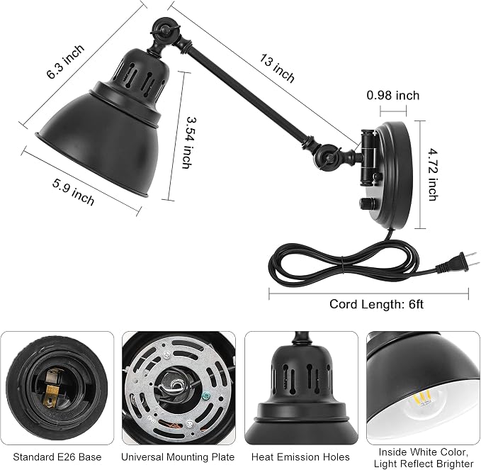 GOODATE Plug in Wall Sconces Set of 2, ENCOMLI Wall Sconce Lighting with Dimmable On Off Switch, Swing Arm Wall Lamp, Black Metal Industrial Wall Light Fixtures, Safety E26 Base, 6FT Plug in Cord