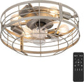 16 Inch Caged Ceiling Fan with Light, Farmhouse Round Flush Mount Fan Lights Ceiling Fixtures, Need Assembly, E26 Base 6 Speeds Reversible Motor Bladeless Ceiling Fans for Bedroom, Living Room, Silver