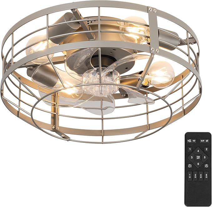 16 Inch Caged Ceiling Fan with Light, Farmhouse Round Flush Mount Fan Lights Ceiling Fixtures, Need Assembly, E26 Base 6 Speeds Reversible Motor Bladeless Ceiling Fans for Bedroom, Living Room, Silver