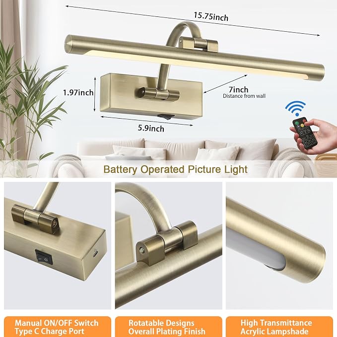 Tassuowell LED Picture Lights for Wall Rechargeable, Battery Operated Art Light for Paintings Wireless,15.7inch Antique Bronze Gallery Light for Artwork