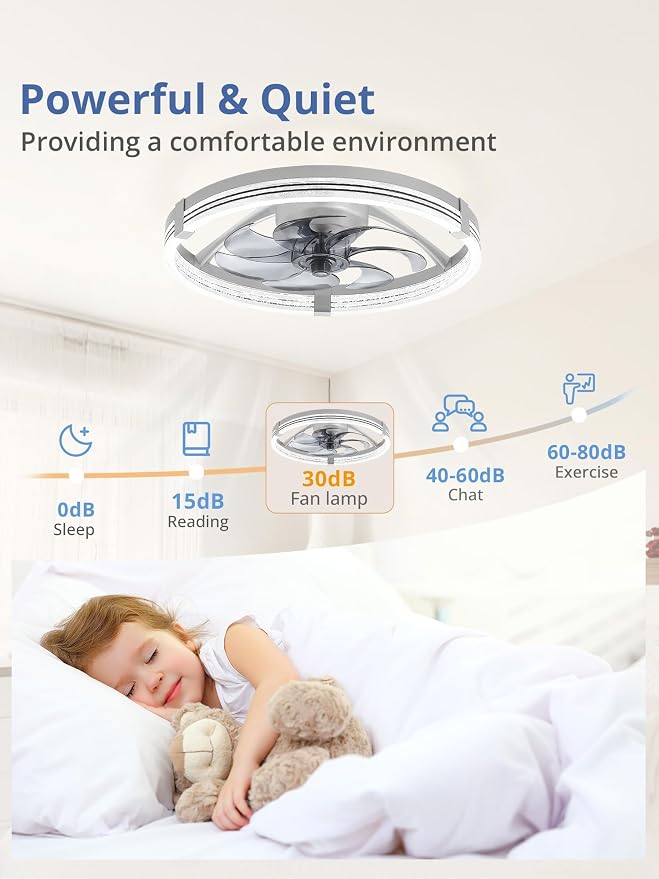 ZMISHIBO Low Profile Ceiling Fans with Lights, Flush Mount Modern Ceiling Fan and Remote Control, 20" LED Ceiling Fans, Stepless Dimmable 3 Colors and 6 Speeds (Grey, 20")