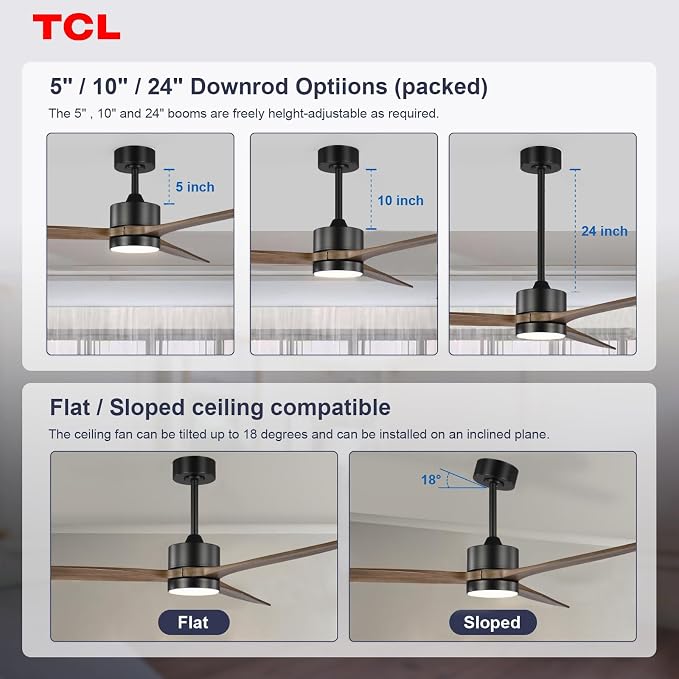 TCL Ceiling Fans with Light and Remote: 60 inch 3 Wooden Blades 3 Dimmable LED Fan for Room Indoor Modern Farmhouse Decor - 6 Speed Memory DC Reversible Fan Lights (Brown, 60 Inch)