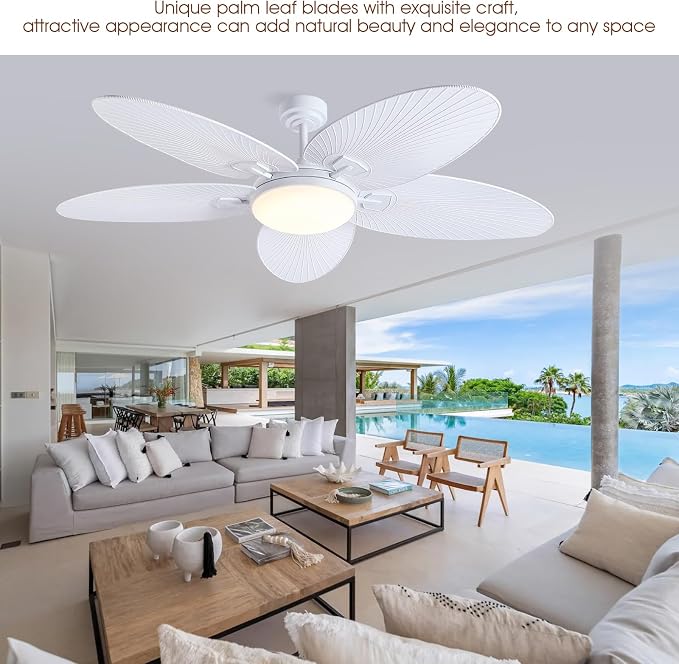 PHORUS 62"Large White Outdoor Palm Leaf Ceiling Fans with Lights and Remote | Super Large Airflow with 6 Wind Speeds,Reversible,3 LED Light Colors,50W Quiet DC Motor,4H Timer,Suits for Living Room Patio